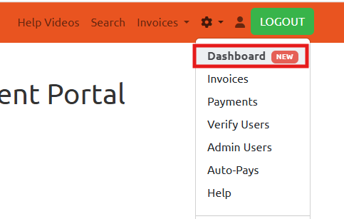 Image of payment portal with gear ocin drop down from upper right-hand side of the screen showing many option but Dashboard option is highlighted.