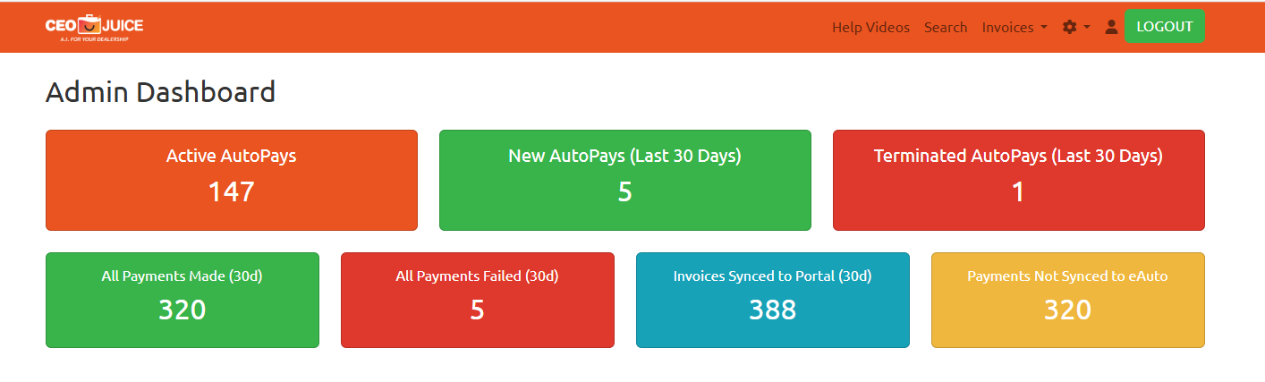 Image showing the top of the Admin Dashboard showing views for information on new and terminated auto pays, how many payments have been made, failed, synced to e-auto in the last 30 days as well as how many invoices have synced from e-auto to the portal in the last 30 days.