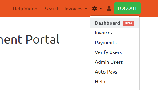 Image of the payment portal gear icon dropdown menu showing various options but the Dashboard option is highlighted. 