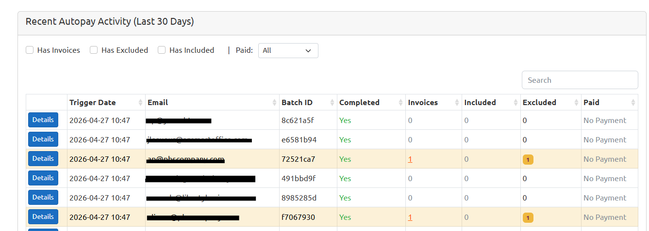 Image showing the Recent Autopay Activity (Last 30 Days View) with explanation that the Details button in each row will show you the auto pay details if you click it. It also shows the Invoices and the Excluded columns have a hyper link number in some of the rows and those numbers can be clicked on to show details on the invoices included and excluded from the recent auto pay run.