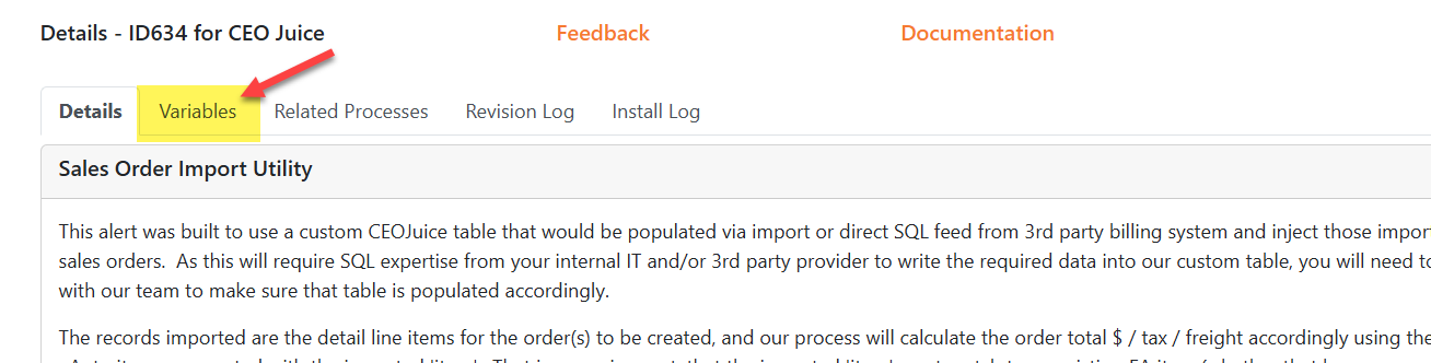 Alert details on CEO Juice website showing the variable tab