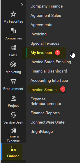 Finance menu options in CW select either Invoice Search or My Invoices to see the list of invoices