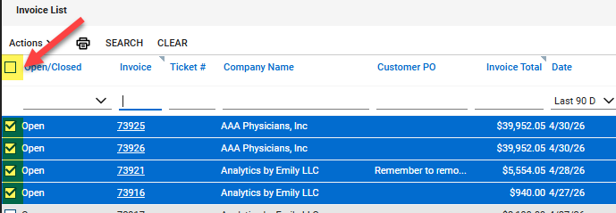 Use the checkbox in the first column to select the invoices to update or click in the box in the header line to select all invoices in the list