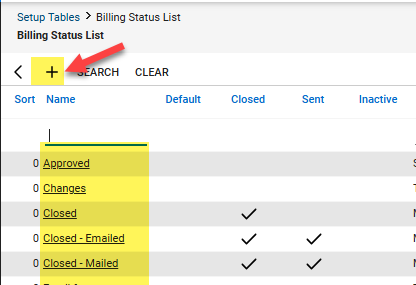 List of billing statuses in CW, select the name of an existing status or click on the plus sign to create a new status
