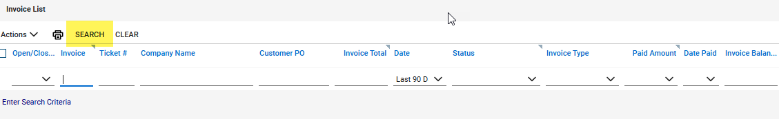 Invoice list in CW showing the SEARCH option highlighted. Once you have entered any needed filter information into the headers, click on the Search button to filter the invoice list.