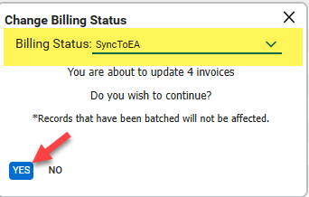 From the billing status dropdown select the billing status to update the invoices to