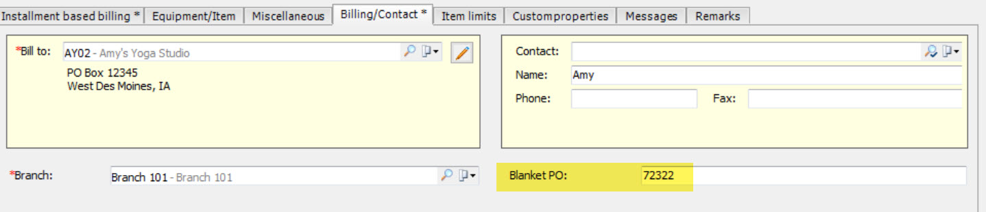 Billing and contact tab of the EA contract with the Blanket PO field highlighted showing the invoice number from ConnectWise