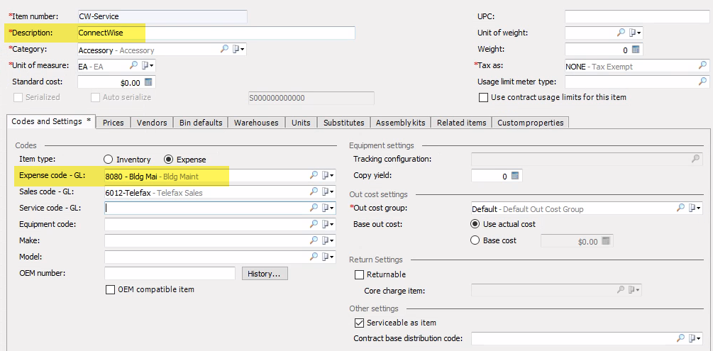 Example of the CW-Service item record showing that it's an expense item and the description is ConnectWise, which can be changed