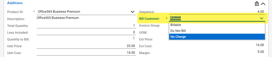 CW bill customer options on the addition level are Billable, Do Not Bill and No Charge