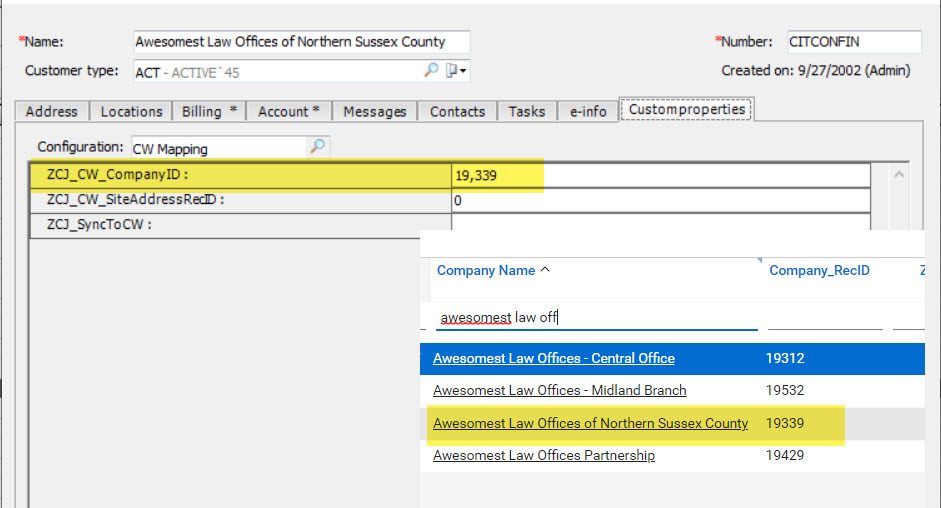First step of customer linking is if the Company_RecID from CW is entered into the ZCJ_CW_CompanyID custom property in EA