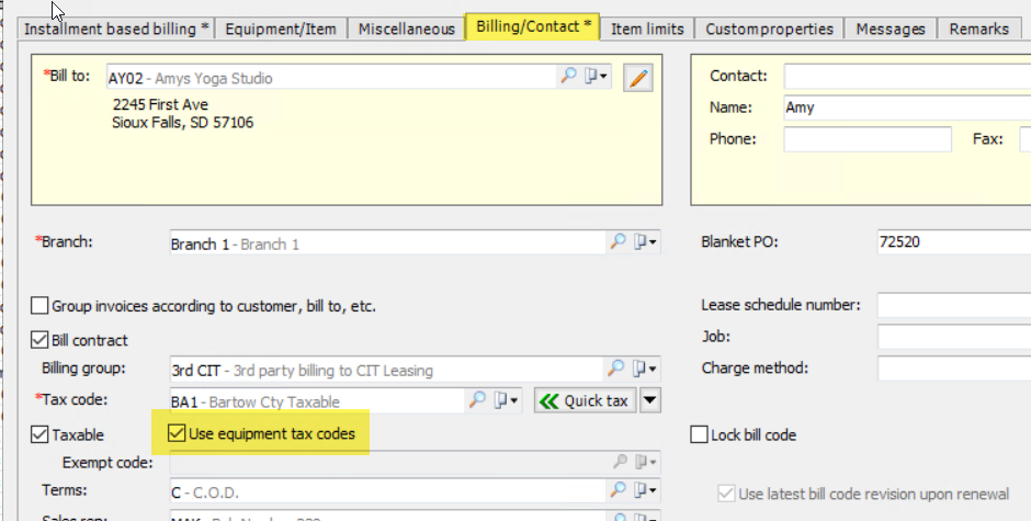 Billing and contact tab of the EA contract with the option highlighted to use equipment tax codes
