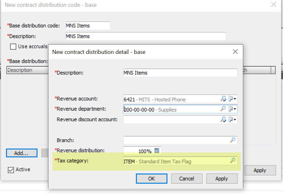 The tax category used for each item on the contract is set on the base distribution code.