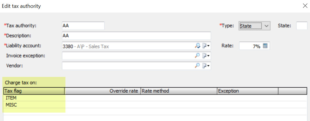 Tax authority in EA showing the tax flags that the authority is set to charge tax on