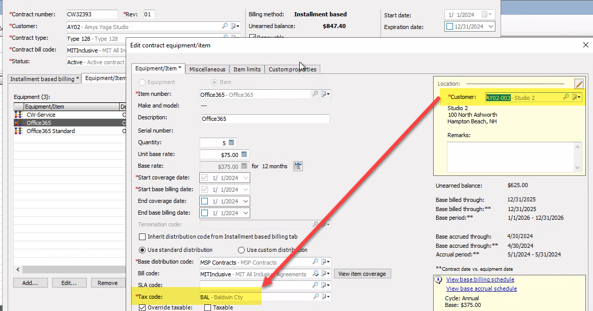 The tax code at the item level of the contract is set based on the location customer set. When the location linking is in place, the location customer will be updated to the actual location instead of the main customer.