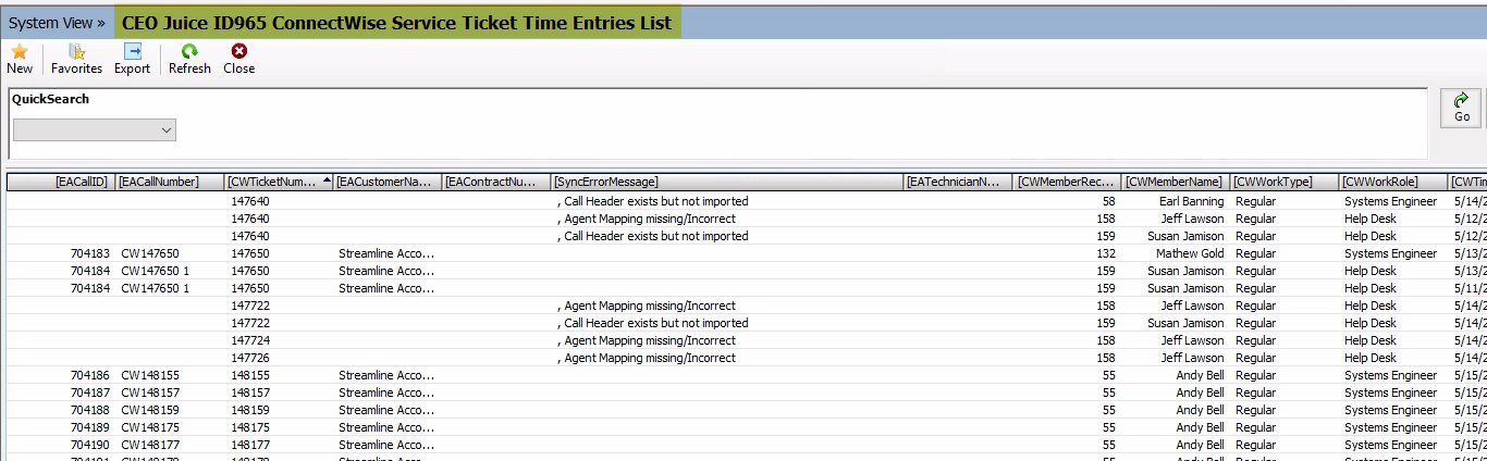 Screenshot of the CEO Juice ID965 ConnectWise Service Ticket Time Entries List e-view that can be found in the System section of e-views