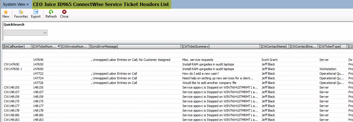 CEO Juice ID965 ConnectWise Service Ticket Headers List eview is found in the systems section of eviews