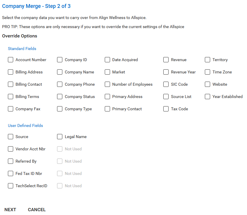 Company Merge Step 2 of 3: Select company data that you want to carryover from the company to be deleted to the new company
