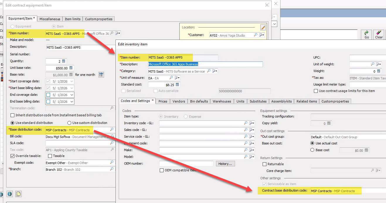 The base distribution code on the contract item is pulled from the contract base distribution code on the item record.