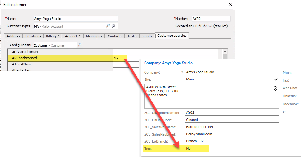 Visual showing the name of the custom property in EA is updating the custom field in CW