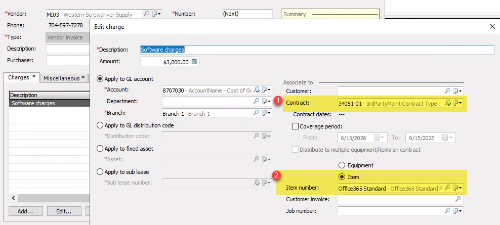 Example of a vendor charge on an AP invoice associated to (1) a contract and (2) a line item on the contract