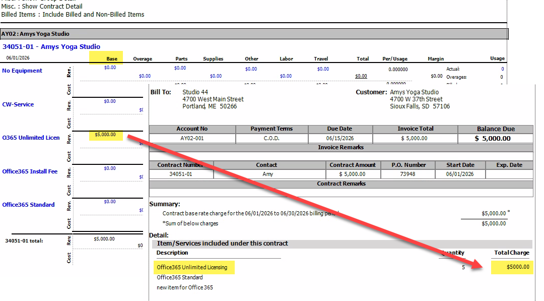 Example of EA contract profitability report showing that the base revenue on the report corresponds to the revenue billed on the contract