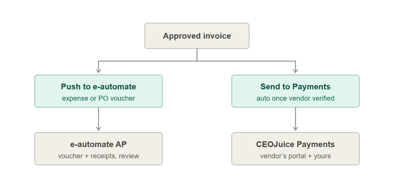 After approval: push to e-automate as an expense or PO voucher, and send the approval to CEOJuice Payments