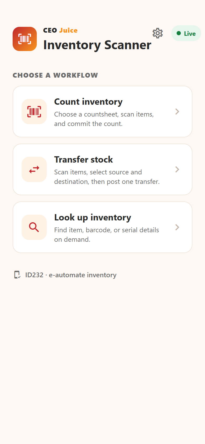 ID232 home screen with Count inventory, Transfer stock, and Look up inventory workflows
