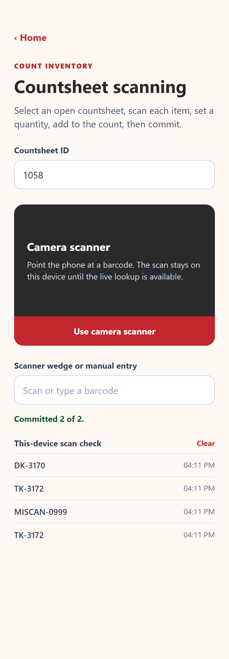 ID232 count screen after committing showing Committed 2 of 2