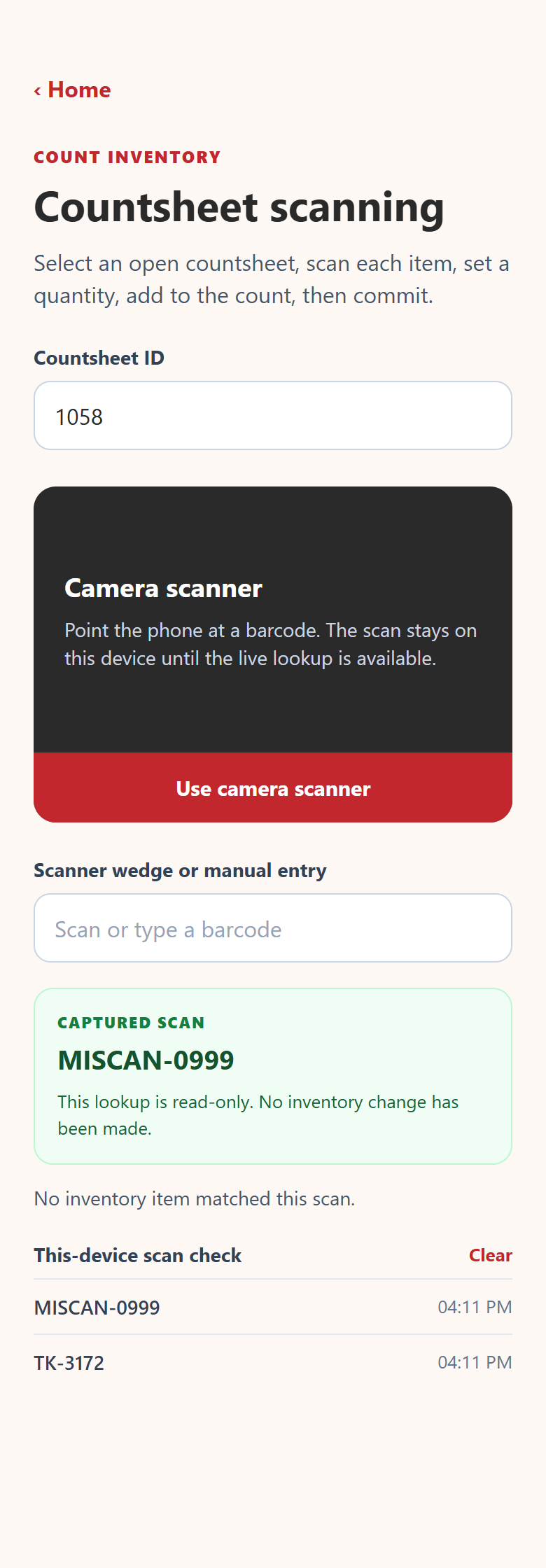 ID232 count screen showing an unmatched scan flagged with No inventory item matched this scan