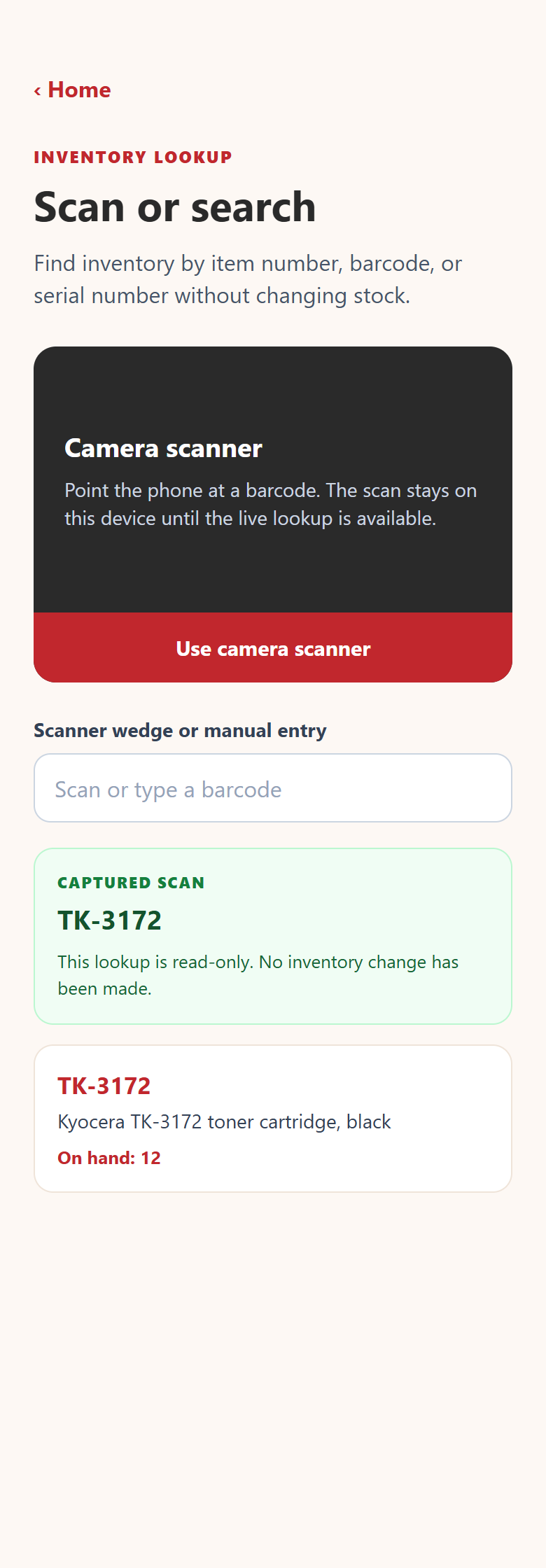 ID232 lookup screen showing a scanned item with description and on hand quantity