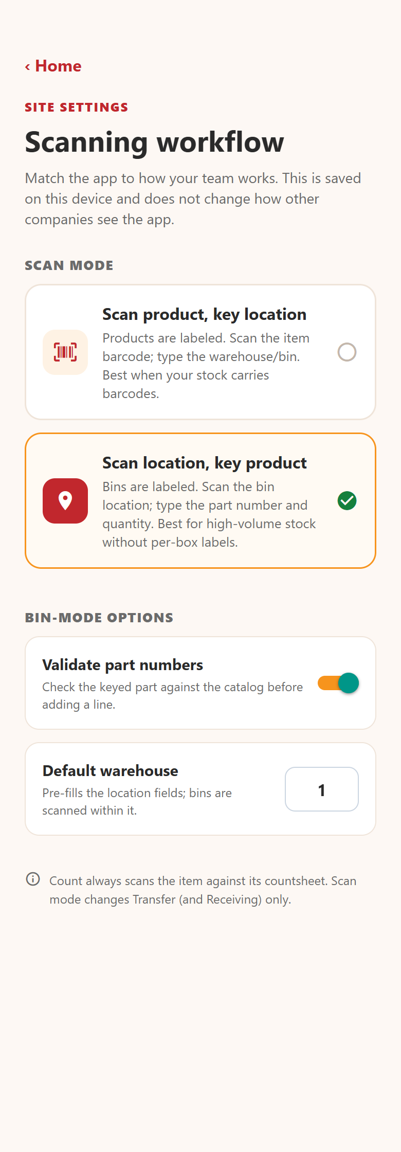 ID232 settings screen with the two scan modes and bin mode options