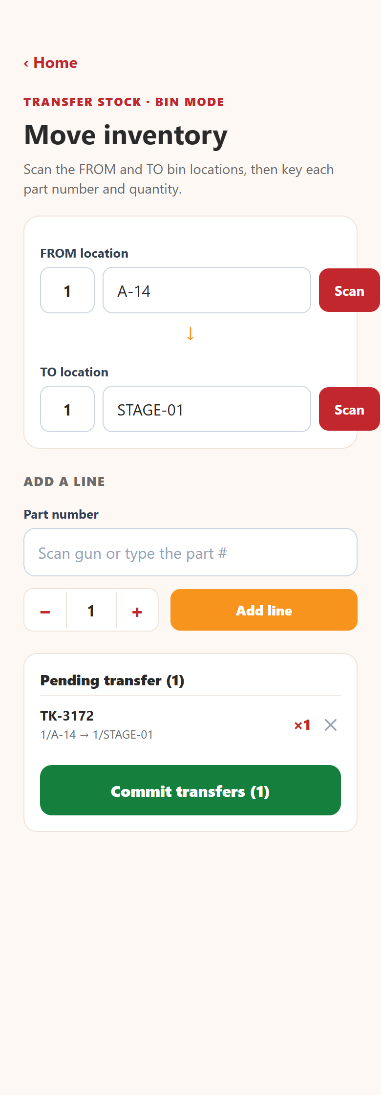 ID232 bin mode transfer screen with scannable FROM and TO locations and keyed part number