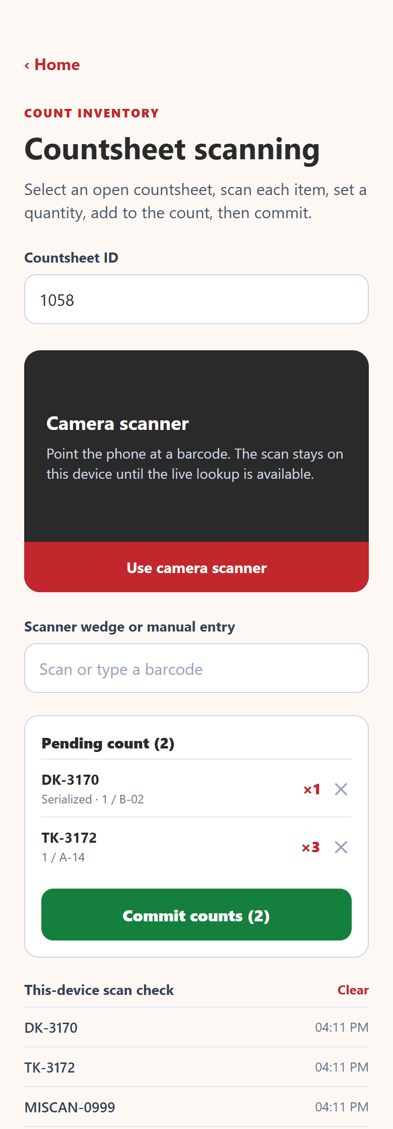 ID232 count screen with a pending count of two items ready to commit