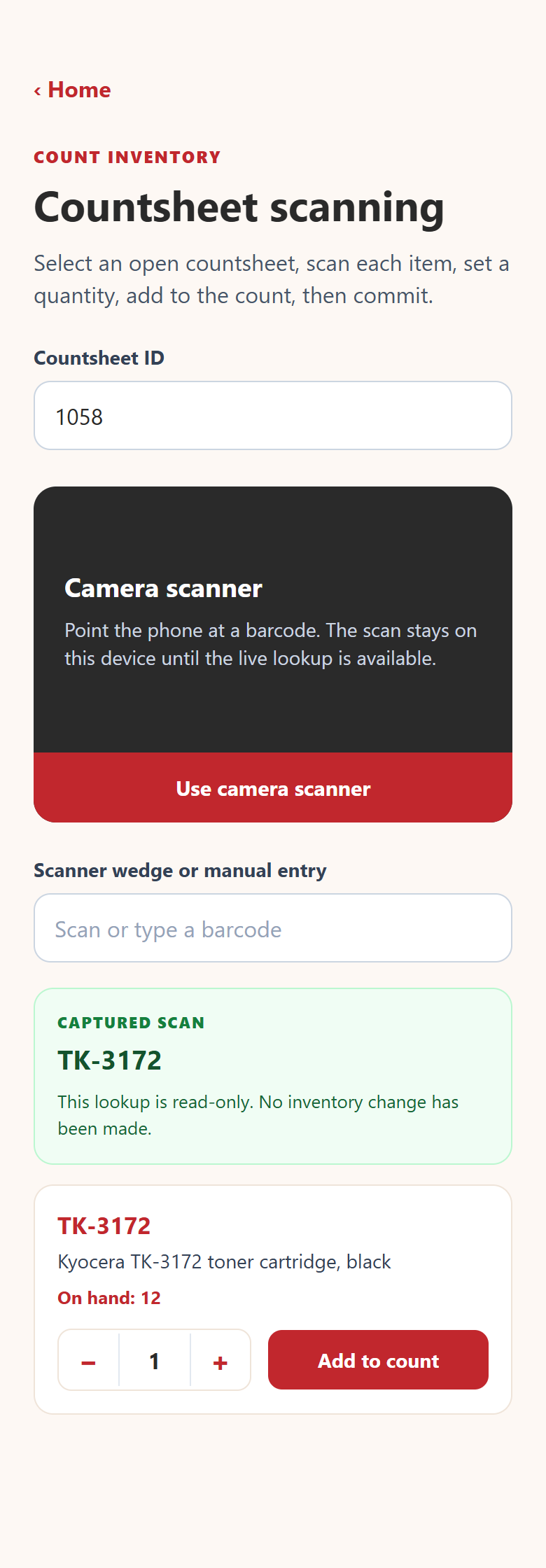 ID232 count screen showing a matched scan with item description, on hand quantity, and Add to count button