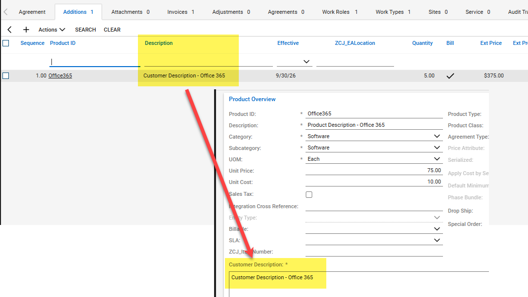 Screenshot of CW addition showing that the description for the addition matches the Customer description on the product