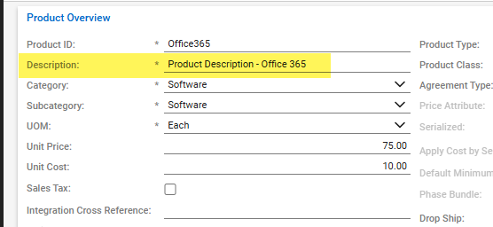 Screenshot from CW of a product with the description field highlighted. This field can be different than the customer description field.
