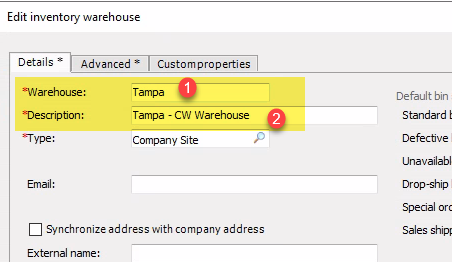 Screenshot of warehouse record in EA with the Warehouse (1) and Description (2) highlighted for matching to CW