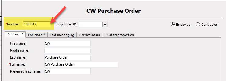 Screenshot of an employee record in EA with the Number field highlighted. This is the value (CJID817 in the sample) that needs to be provided to CEOJuice to specify one purchaser for all orders from ID817
