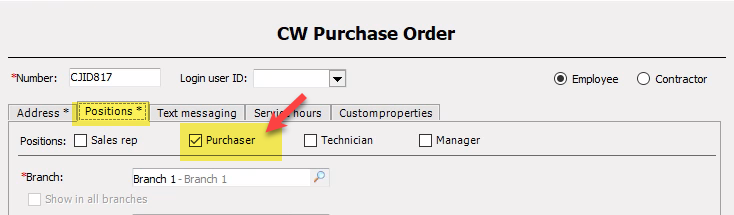 Screenshot from the poitions tab of the employee record highlighting the Purchaser option, this needs to be checked for the employee to be able to be added as the purchaser on the order.
