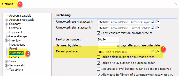 Screenshot of EA options under Tools - Options (1) - Purchasing (2) - Default purchaser (3)
