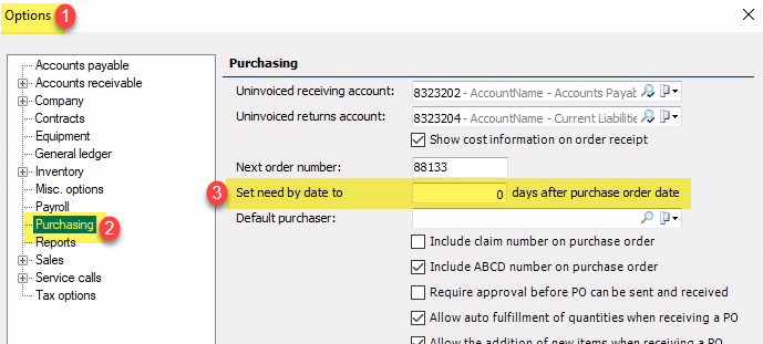Screenshot of EA options (1) - Purchasing (2) - Set need by date to (3)