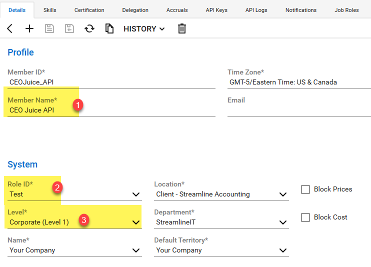 Screenshot of CW API members profile. Member name (1) is what shows in the audit trail, Role ID (2) sets the securioty access and Level (3) should be set at Level 1