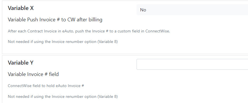 Variable x - push invoice number to CW after billing, Variable Y - custom field name to be used for EA invoice number