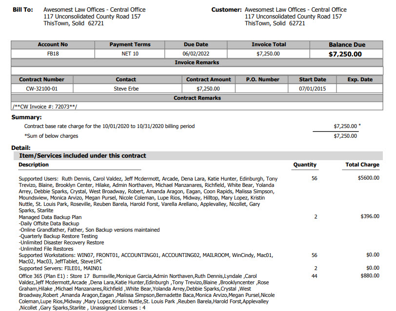 Example of the CW Full Details invoice which pulls from the CEO Juice background tables and will show each item with the description, quantity, and total charge. This invoice will show multiple items broken out as they are in CW