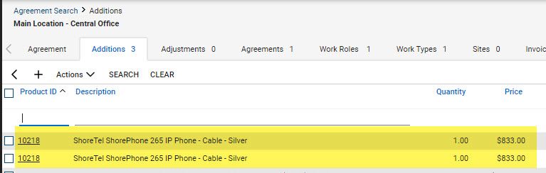 Example of an agreement in CW that has the same product ID listed multiple times